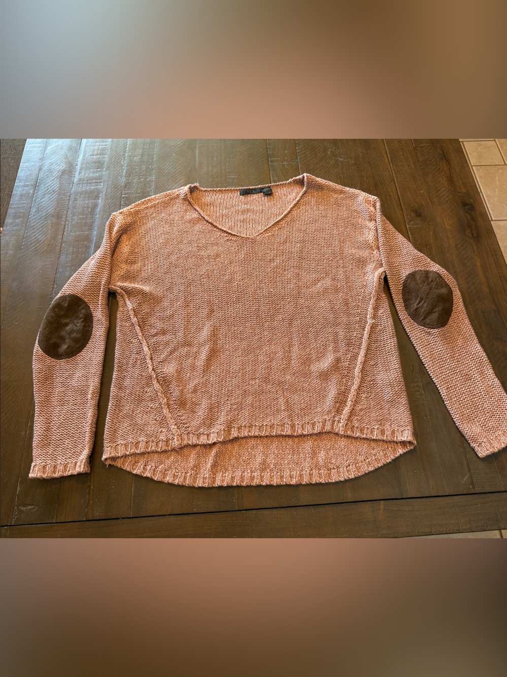 RDI Pink V-Neck Knit Sweater with Brown Elbow Patches